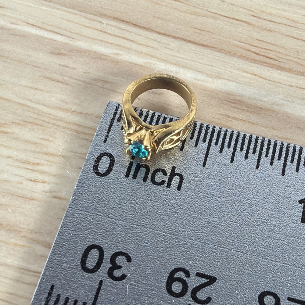 Vintage Avon Teal Birthstone Ring Charm Pendant Gold Tone Glass 0.5"